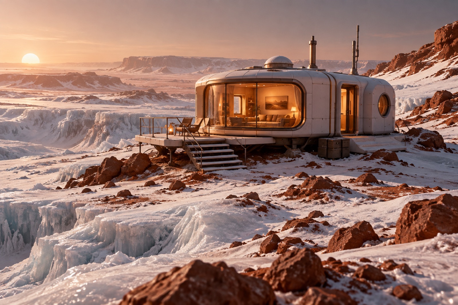 Világító ablakú nyaraló a Mars jeges sarkvidékén